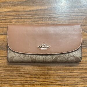 Coach Tan Leather & Signature Canvas Flap Wallet